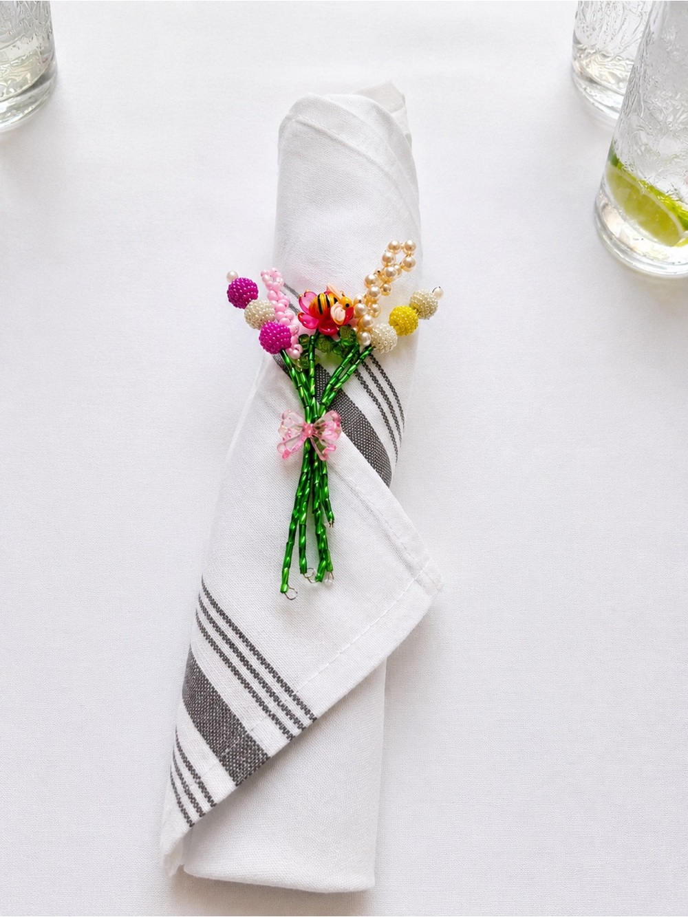 Beaded Floral Bouquet - Pink, Yellow, Green Accents